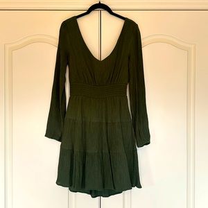 Olive green open back dress, fully lined, stretch waist (falls at natural waist)